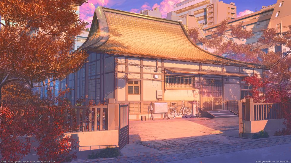 日式传统房屋与都市背景的黄昏景象4K动漫壁纸 免费下载-紫媛壁纸网