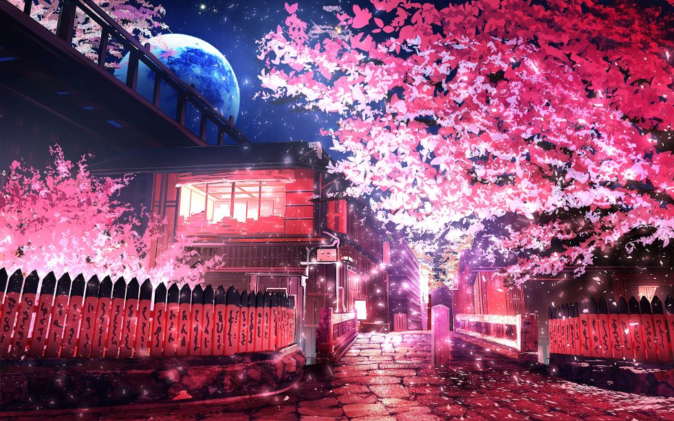 夜樱满街的梦幻古巷4K动漫壁纸 免费下载-紫媛壁纸网