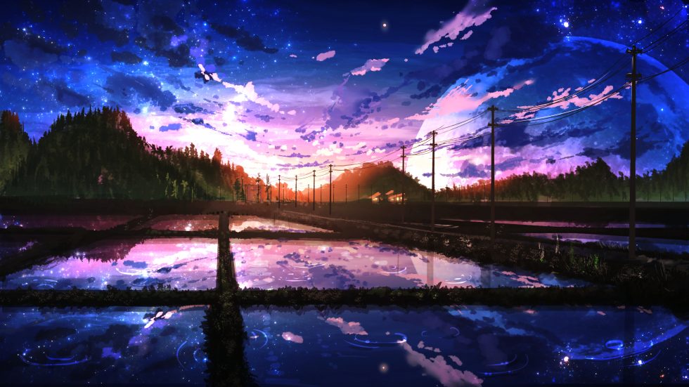 星空下的梦幻水田夜景4K动漫壁纸 免费下载-紫媛壁纸网
