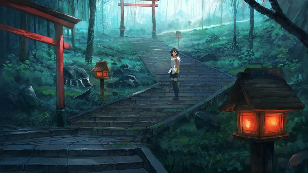 幽静神社石阶上的少女4K动漫壁纸 免费下载-紫媛壁纸网